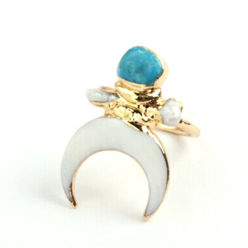 Crescent Moon Shell + Turquoise Ring - image 1